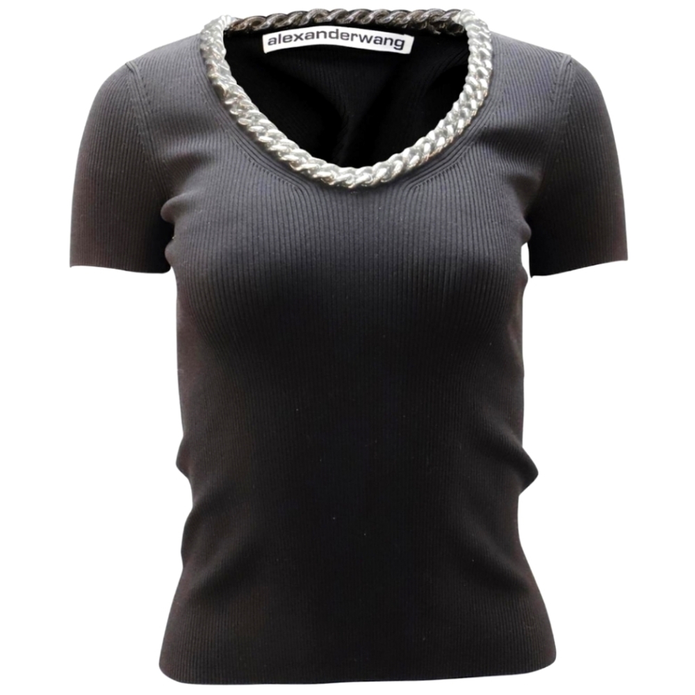 Alexander Wang Chain Collar Rib-Knit T-Shirt in White Cotton Black, XS